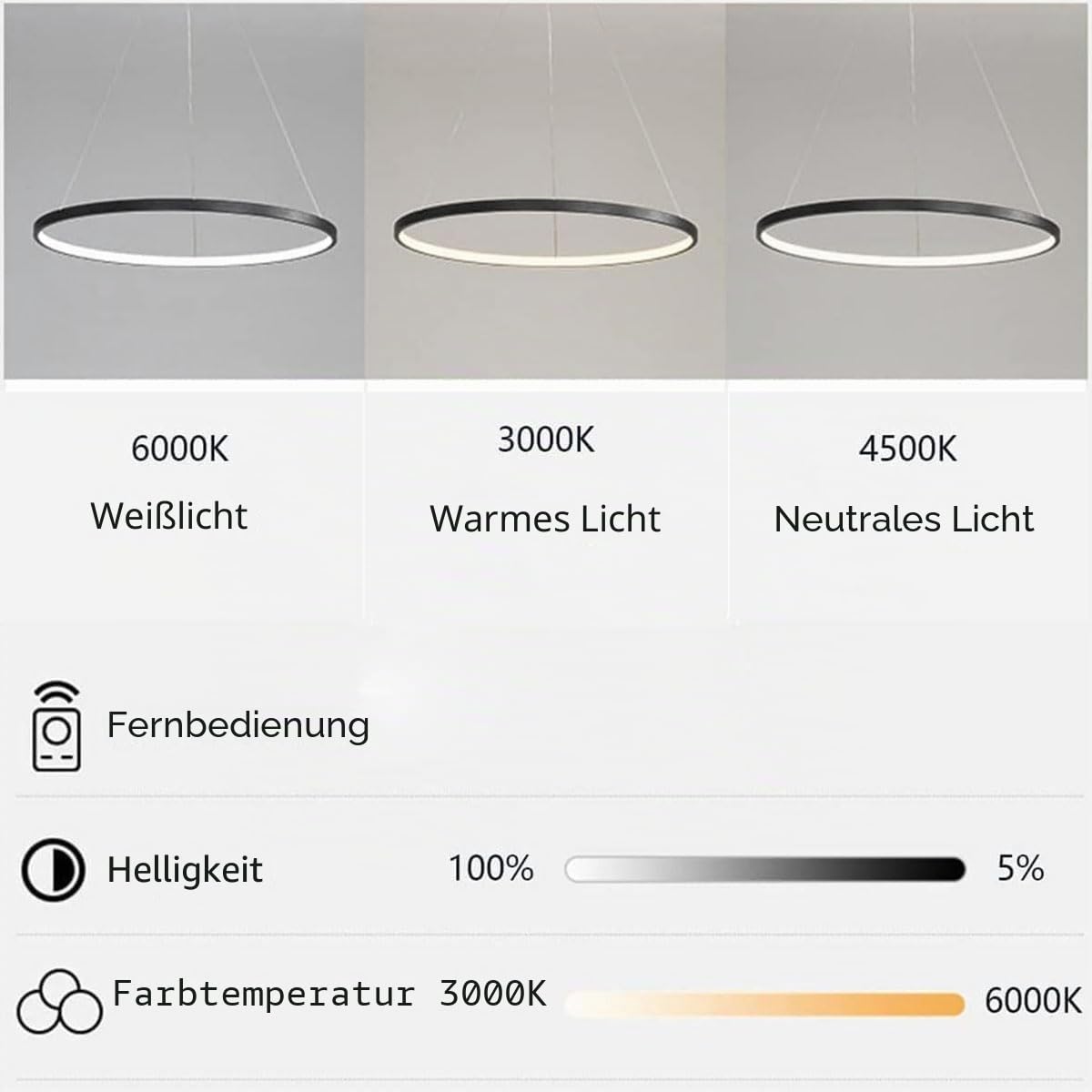 Bellastein LED Modern Rund Pendelleuchte Dimmbar mit Fernbedienung Hängelampe Höhenverstellbar Deckenleuchte Esstisch Kronleuchter für Wohnzimmer Esszimmer Arbeitszimmer office (Schwarz, L60cm)