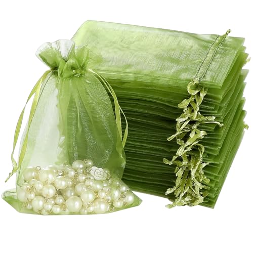 Image of Hopttreely 100pcs Organza Bags, 4x6 inch Satin Drawstring Organza Pouch Wedding Party Favor Gift Bag Jewelry Watch Bags, Green Fruit Protection Bags
