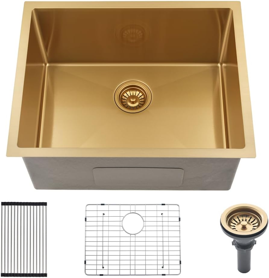22 Inch Undermount Laundry Sink Gold -HLBLFY 22"x18"x12" Laundry Room Sink Undermount 16 Gauge Single Bowl Deep Stainless Steel Kitchen Sink with Roll Up Rack