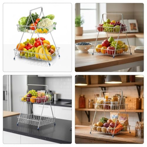 Image of Homeor Counter Top 2-TierFruit & Vegetable Basket For Dining Table, Centre Table I Metal Fruit Bowl or Bread Basket Vegetables Storage Organizer Holder, Multi-Purpose Basket for Kitchen & Home, Chrome
