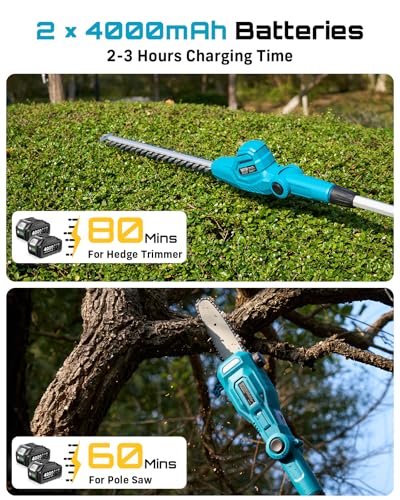 Image of SEESII 2-in-1 Cordless Pole Saw & Hedge Trimmer Combo, 8 inch Electric Pole Chainsaw with 2x4.0 Ah Batteries, 16-Inch Extension Pole Hedge Trimmer, Bush Tree Pruner Limb Branch Cutter, 15ft Long Reach