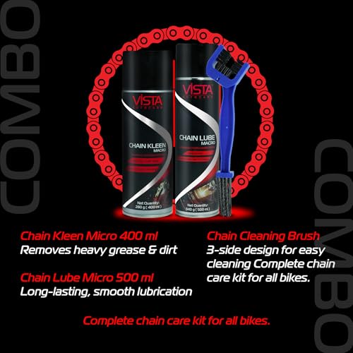 Image of Vista Auto Care Chain Care Combo | Chain Kleen + Chain Lube + Brush | Premium Bike Chain Cleaner & Lubricant Kit | Removes Tough Grease | Prevents Rust | Enhances Chain Life (Chain Care Combo Macro)