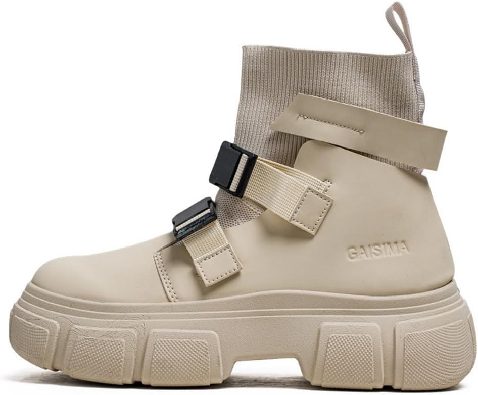 Men's Dual Strap Combat Boots Knit Collar Ankle Boots with Chunky Sole for Streetwear, Beige/Black/Grey