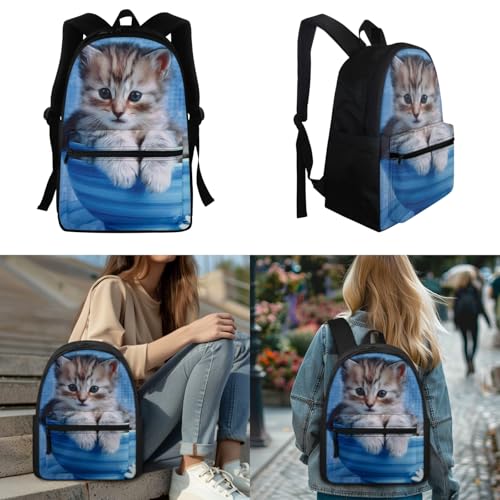 FOR U DESIGNS Cute Tabby Cat Print 3 Piece School Set for Girls Ages 6-12 Lightweight Backpack with Insulated Lunch Bag and Small Pencil Case Organizer for Elementary School4