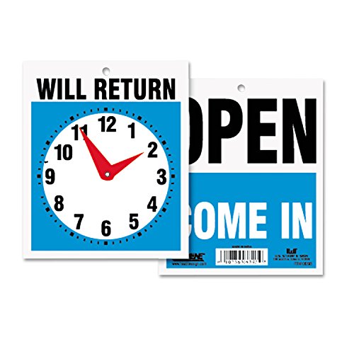 Headline Sign Double-Sided Open/Will Return Sign with Clock Hands, Plastic, 7.5 x 9