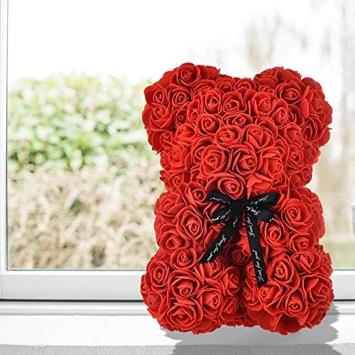 Rose Bear - Rose Teddy Bear on Every Rose Bear -Flower Bear Perfect for Anniversary's,Rose Bear, Mothers, Rose Teddy Bear. - Clear Gift Box Included! 10 Inches Tall - Over 200+ Flowers (red, 10in)
