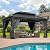 DWVO 12x16ft Gazebo Double Roof Hardtop with Nettings and Curtains, Heavy Duty Galvanized Steel Outdoor Vertical Stripes Roof for Patio, Backyard, Deck, Lawns, Grey
