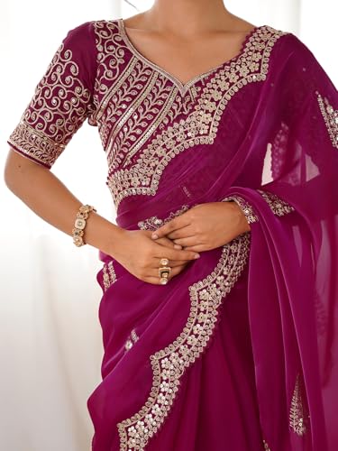 Image of Satrani Women's Tissue Silk Sequin Embroidery Scalloped Border Saree with Unstitched Blouse Piece