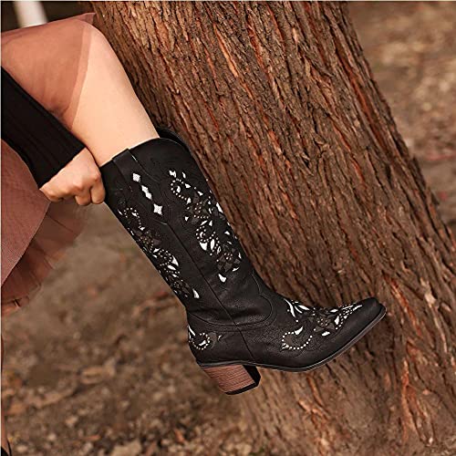 Mikarka XBZ0380_BLACK_46 Cowboy Boots For Women Pointy Toe Low Chunky Heel Cowgirl Boots Studded Rhinestone Embroidered Rodeo Knee High Western Boots thumb #4