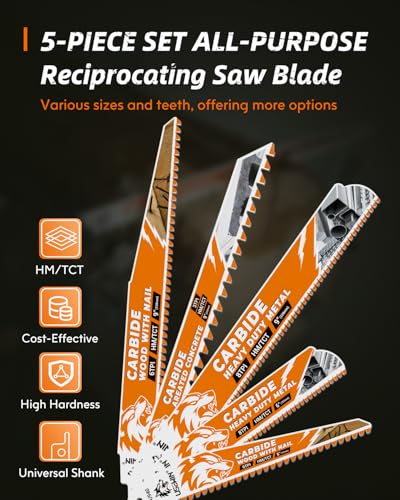 Image of 5 Pack Carbide Reciprocating Saw Blade Set, Premium Metal Blades Set for Nail Embedded Wood, Concrete, Heavy Metal, Alloy Steel Cutting, Heavy-Duty for Demolition