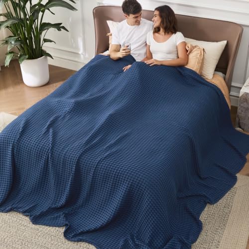 Image of Bedsure Cooling Cotton Waffle Oversized King Blanket - Lightweight Breathable Rayon Derived from Bamboo for Hot Sleepers, Luxury Throws for Bed and Sofa, Navy, 120x96 Inches