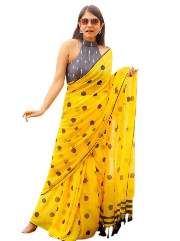 Yellow Polka Dot Saree with Grey Blouse, Traditional Indian Wear, Cotton Blend-image-41