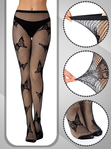 Image of Ramede 6 Pairs Women Fishnet Tights Thigh High Waist Bow Stockings Patterned Lace Fishnet Leggings Pantyhose for Halloween
