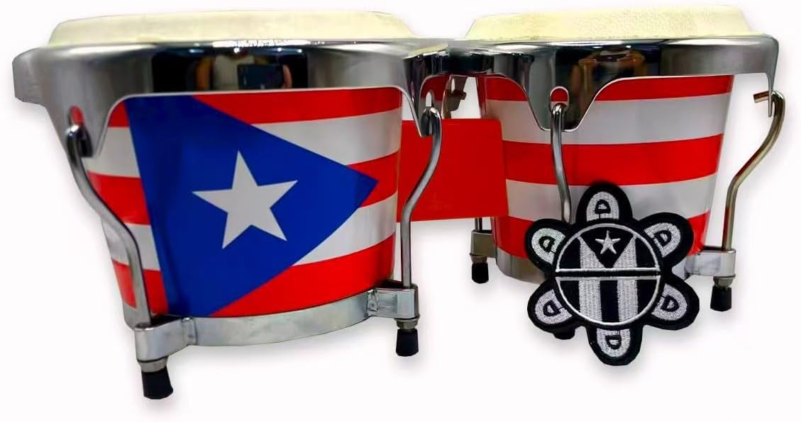 Puerto Rico Bongo Drum Set – Tunable Percussion Instrument with Puerto Rican Flag Design – Compact Hand Drums Shells of the Drums 7 1/2" and 8 5/8" for Music, Boricua Cultural Events, and Home Decor