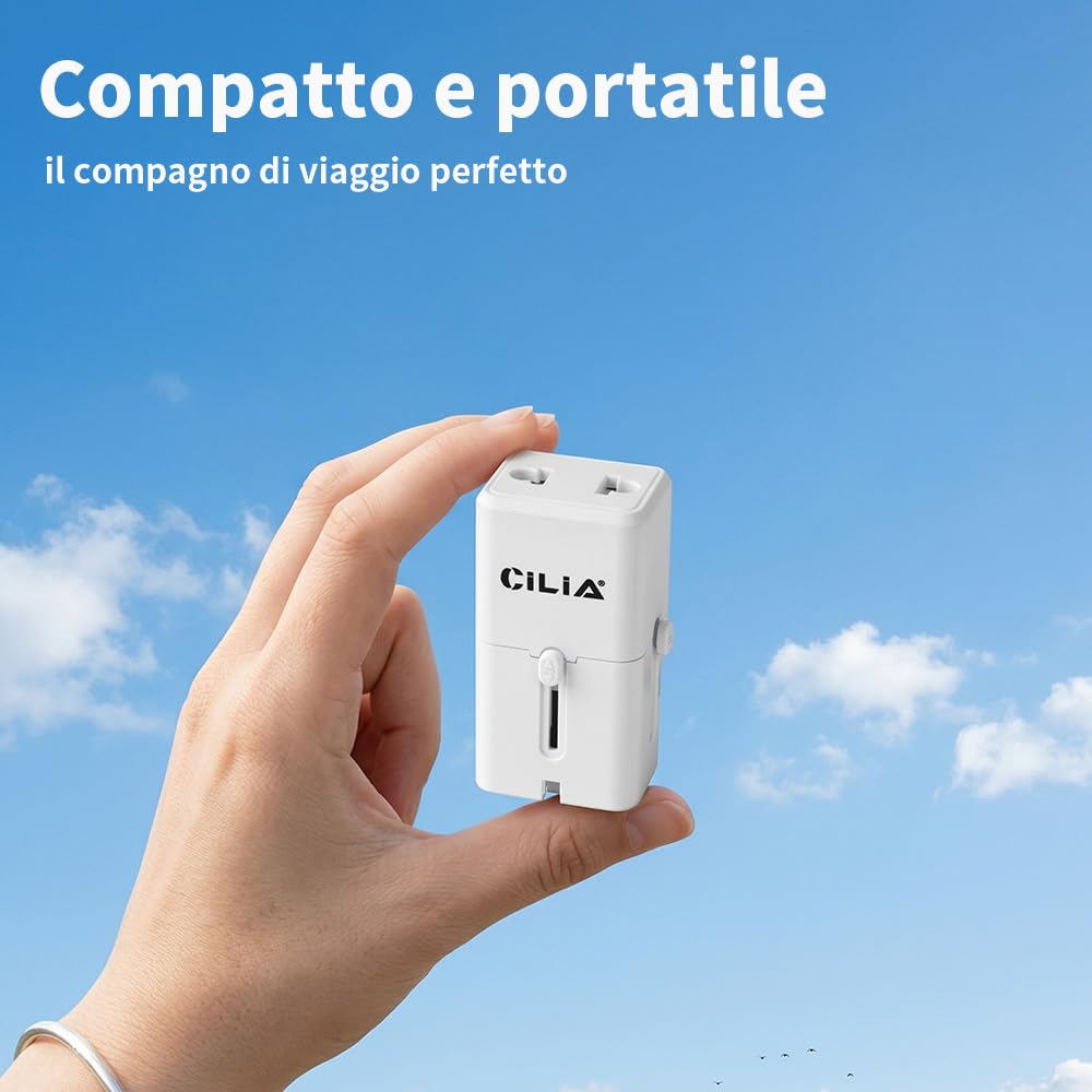 CILIA Adattatore Universale da Viaggio Presa Internazionale 150+ Paesi Spine US/UK/EU/AUS Compatto Bianco 2PCS