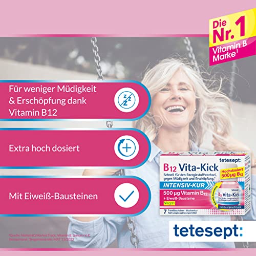 tetesept B12 Vita-Kick Trinkampullen Intensiv-Kur – Nahrungsergänzungsmittel für den Energiestoffwechsel, gegen Erschöpfung - hochdosierte Vitamin B12 Ampullen – Wochenpackung à 7 Trinkfläschchen
