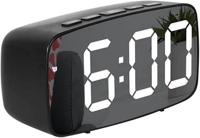 NJDT Digital Alarm Clock, Bedside Clock with Big LED Temperature Display Mains Powered Portable Mirror Alarm 2 Levels Adjustable Brightness Dimmer Snooze, Non Ticking for Bedside, Bedroom