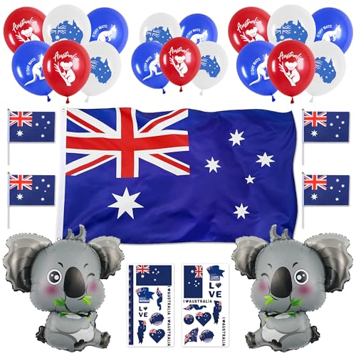 Australian Party Decorations Banner Set - Red Blue Australia Themed Backdrop Kit with Foil Balloons Stickers Australia Day Hand Waved Flag for Birthday Beach Party and School Events