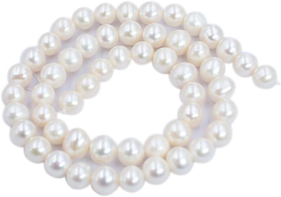 SR BGSJ Natural 7-8mm AAA Nearly Round White Freshwater Pearl Jewelry Necklace Bracelet Earrings Making Craft Loose Beads Strand 14"