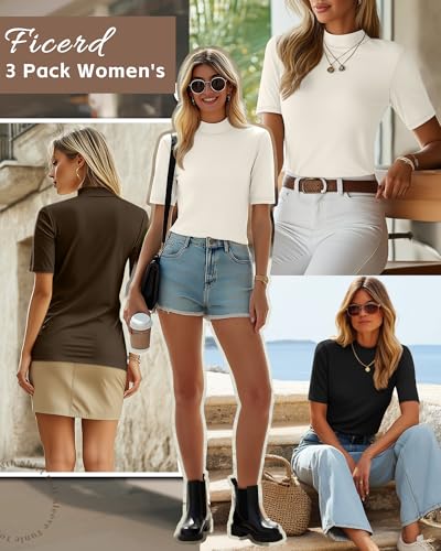 Ficerd 3 Pack Women's 1/2 Sleeve Mock Turtleneck Shirts, Elbow Length Shirt Half Sleeve Tunic Top Casual Summer Basic Tees4