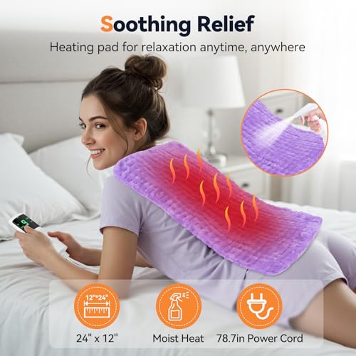 Image of Heating Pad for Back Pain, Electric Heat Pad with 9 Heat Levels & 4 Auto-Off Timers, Portable Heating Pad for Period Cramps, Shoulder, Neck, Machine Washable, Gifts for Women, Men, Purple, 24''x12''
