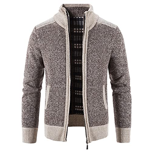 Image of Lu's Chic Men's Long Sleeve Cardigan Sweater Thermal Slim Fit Full Zip Quilted Jacket Business Casual Knit Coats Pocket