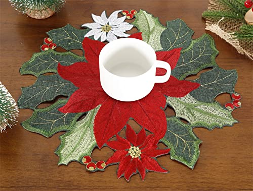 Granddeco Christmas Holiday Placemats Set Of 4 For Farmhouse Parties Embroidered Red Christmas Flower Dresser Scarves Xmas Home Kitchen Dinner Table Decoration (14" Placemats Set Of 4, Red) #TOP6