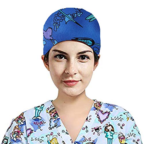 TOSFOGO Upgrade Working Cap with Buttons, Adjustable Working Hat Tie Back Head Cover Headwear Sweatband for Women Men(Navy Blue Dragonfly)