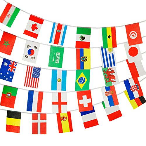 PHENO FLAGS Flaggenkette - 10 Meter Wimpelkette mit 30 Länderflaggen Flaggengröße je 14x21cm - Flaggenabstand 15cm - 75D Polyester Stoff-Girlande