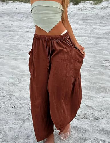Linen Blend Drawstring Waist Pocketed Loose Pants Casual Simplicity Pocket Loose Mid Waist Wide Leg Solid Color Bottoms2