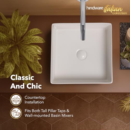 Image of Hindware Italian Collection Magro-S Table Top Wash Basin for Bathroom | Made of Ceramic | Star White | Square Shape | Over the Counter Basin