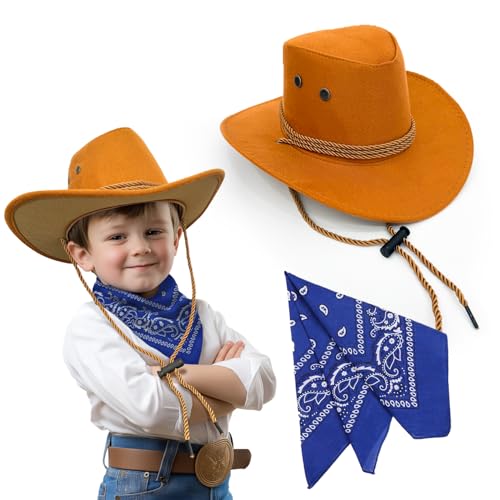 SeptCity Toddler Cowboy Hat and Blue Bandana for 3-5 years old, Cowboy Costume Set for Boys and Girls Pretend Play Dress Up Cosplay Accessories for Halloween Birthday Western Parties