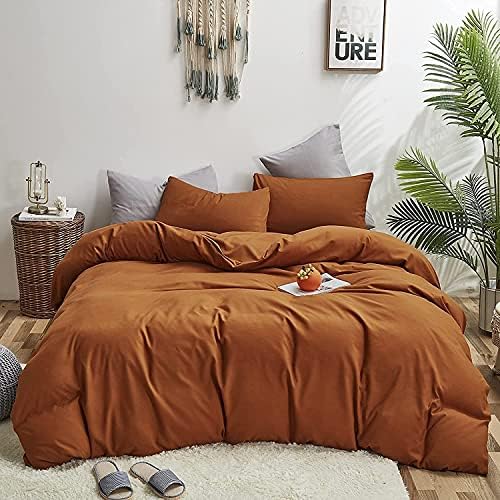 Wellboo Pumpkin Duvet Cover Sets Women Girls Solid Light Caramel Bedding Covers Queen Size Burnt Orange Comforter Cover Cotton Modern Plain Terracotta Blanket Covers Dusty Brown Brick Dorm Bed Luxury