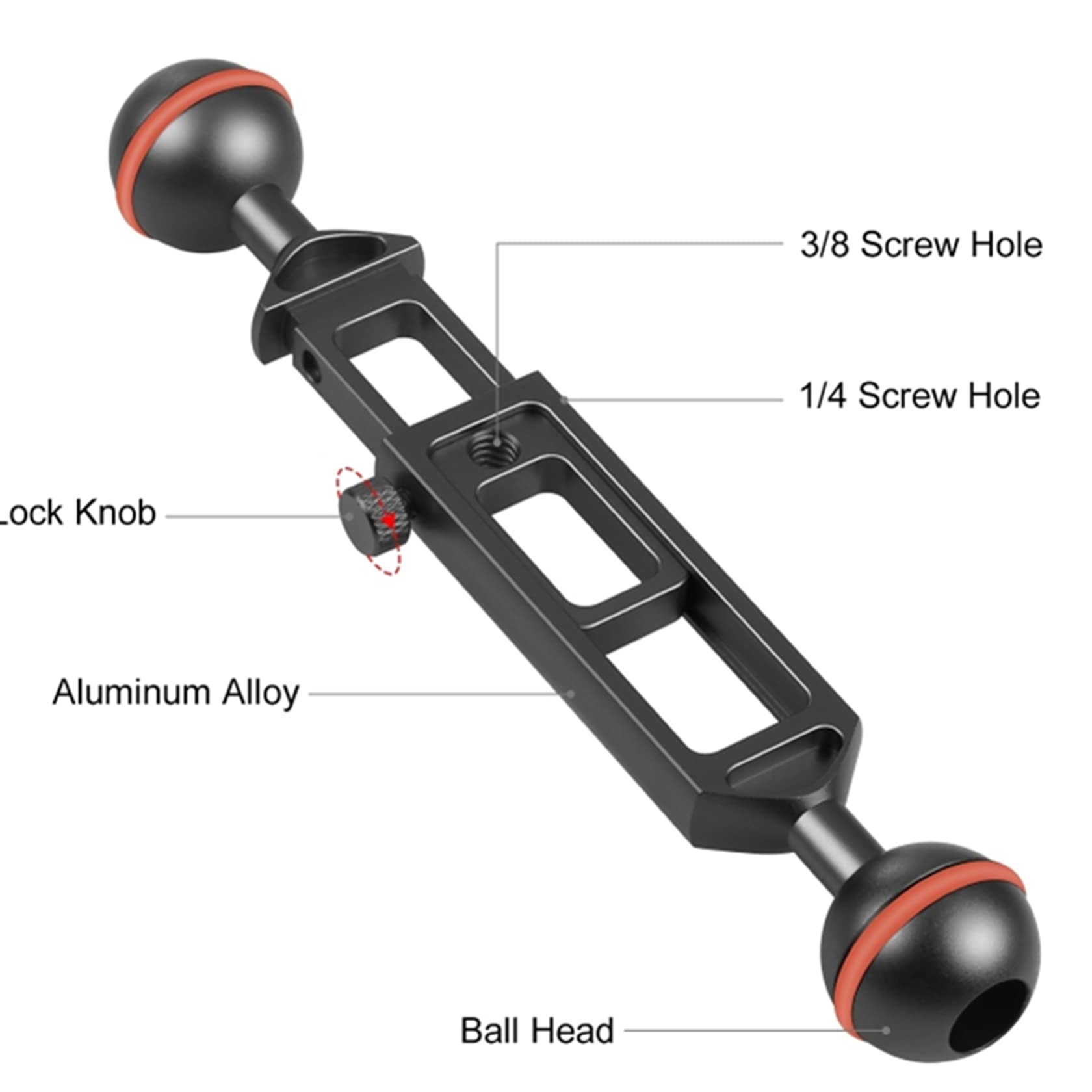 Support de plongée en alliage d'aluminium avec filetage 1/4 pour caméra d'action Longueur réglable 20 cm Diamètre de la boule 25 mm Noir