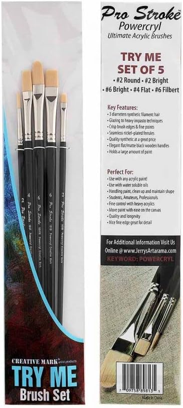 Creative Mark Artist Paint Brush Set - Powercryl Long Handle Paint Brushes - Assorted Sizes - Try Me Pack - 5 Pieces