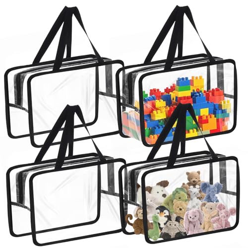 Honeier Toy Storage Bags, 4 Pack Toy Organizer Bags Clear 32×17.8×23.5cm, Black Toy Bags for Kids with Zipper for Building Blocks, Puzzles, Stationery, Toys
