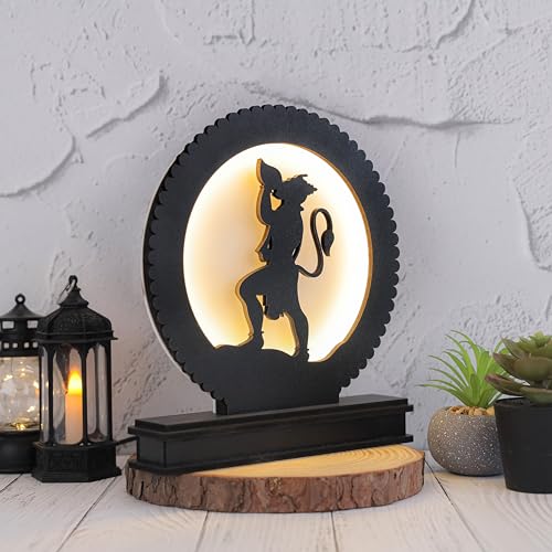 Image of Ethereal Hanuman LED Backlit Table Lamp - 8.25 inch Illuminated MDF Wooden & Acrylic Light With Power Adapter For Worship & Home Decor