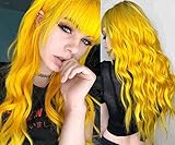 Sallcks Womens Long Curly Wavy Yellow Wigs With Bangs Cosplay Custome Halloween Synthetic Natural Full Wigs with Wig Cap