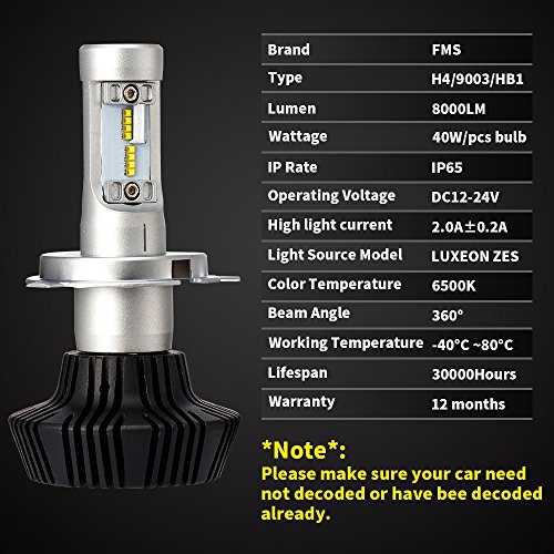 FMS H4 9003 HB2 LED Lampadine del Faro Kit 8000LM
