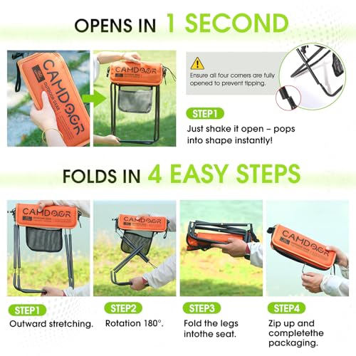 Image of CAMDOOR Portable Collapsible Stool, 16″Folding Stool with 3 Side Pockets and Shoulder Strap, Extra Large Camping Chair Supports 400 lbs, Ultralight Portable Seat for Outdoor, Hiking, Fishing