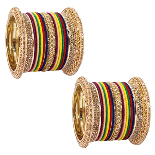 Image of NMII Non-Precious Metal with Base Metal and Studded with Zircon Gemstone Glossy Finished Traditional Velvet Bangle Chuda set for Women and Girls