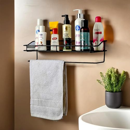 Image of Kuber Industries Metal Bathroom Shelf for Wall - Washroom Organizer Shampoo Holder Stand & 14 Inch Kitchen Storage Rack - Black