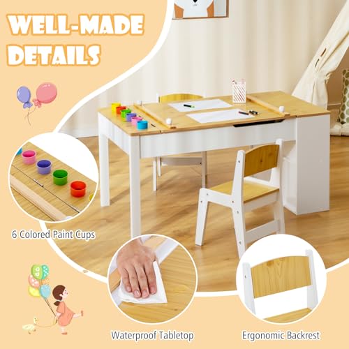Image of GLACER Kids Table and Chair Set, 3 in 1 Wood Arts and Crafts Activity Table w /Paper Roller, Paint Cups & 6 Storage Bins, Children's Playroom Classroom Furniture, Toddler Table and Chair Set