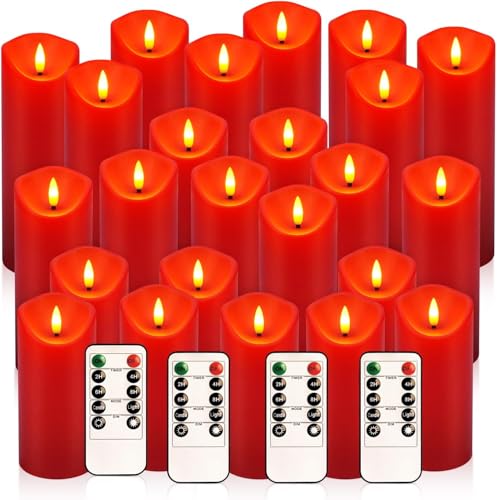 Image of YOROXRG 24 Pack Christmas Decoration Flickering Flameless Candles,LED Candles Battery Operated Pillar Candles with Remote Control.for New Year, Home Decor, Parties,Wedding(D2.2 xH 5 inch 6 inch 7 inch Red)