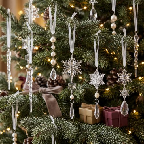 Vicenpal 18 Pcs Christmas Tree Ornaments Crystal Pearl Snowflake Icicle Hanging Acrylic Drop Ornaments Set 6 Styles for Xmas Tree Winter Wedding Party New Year Supplies Decorations