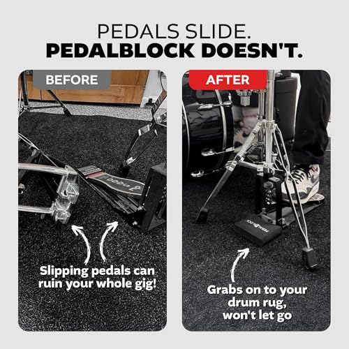 Image of KickBlock Drum Kit Bundle - Drum Rug 6'6 inch x 5'6 inch + Bass Drum Anchor + PedalBlock Set Black - Stops Bass Drum Creep & Pedal Slide - Non-Slip Drum Mat - Drummer Gift & Accessories