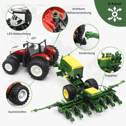 efaso RC Traktorblau mit Sämaschine Aluminium Haube Trecker ferngesteuert Sound und Licht 1.24 RTR Traktor für Kinder ab 6 Jahren