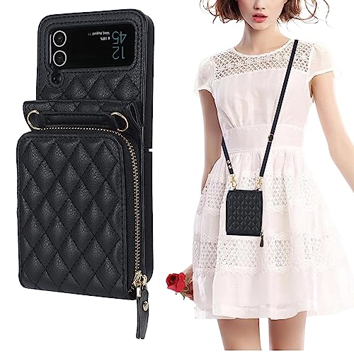 KIHUWEY for Samsung Galaxy Z Flip 4 Wallet Case, Crossbody Zipper Purse with Credit Card Slot Holder RFID Blocking PU Leather Adjustable Lanyard Detachable Strap Wrist for Women（Black