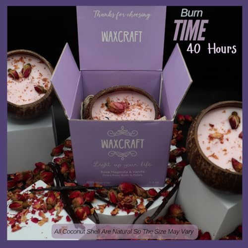 WaxCraft-Coconut-Shell-Candles-Soy-Wax-HolidayHome-DecorGiftHandcrafted-Eco-FriendlyFall-ScentedAromatherapy40-Hours-Burn-timeRose-Magnolia-VanillaDried-Rose-Bud-Petals-116oz
