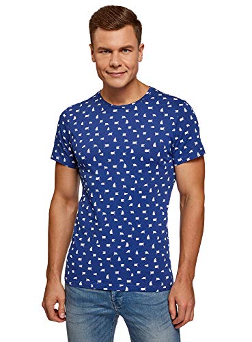 Oodji Ultra Uomo T-Shirt in Cotone Stampato, Blu